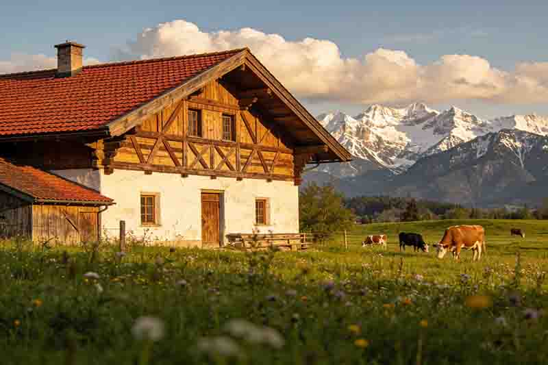 Traditionelles Chiemgauer Bauernhaus aus Holz auf einer Blumenwiese mit grasenden Kühen und verschneiten Alpengipfeln im Hintergrund